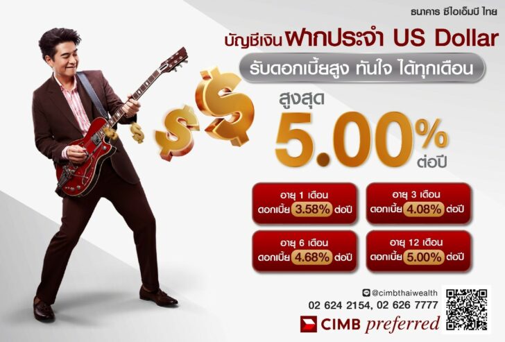 1 ดอกเบี้ยแรงที่สุด 5% ต่อปี โควตา จำกัด CIMB Thai ฝากประจำ US Dollar