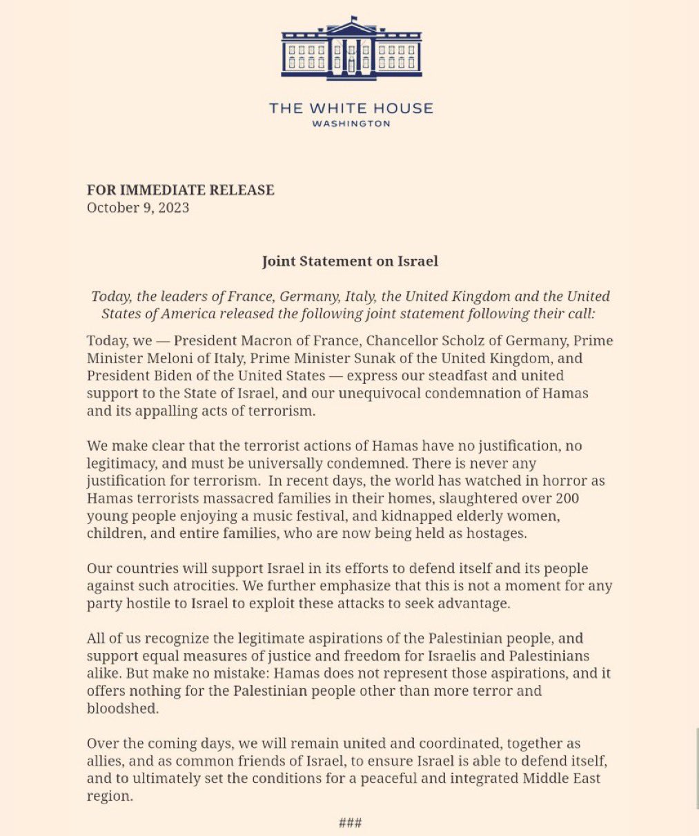 แถลงการณ์ร่วม สหรัฐ-ฝรั่งเศส-เยอรมนี-อิตาลี-อังกฤษ ประณามฮามาส