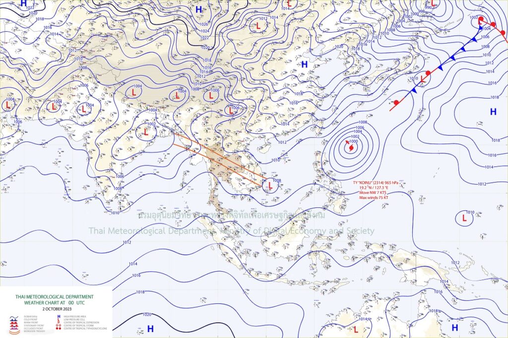 อธิบายภาพ : ร่องมรสุมพาดผ่านภาคเหนือตอนล่าง ภาคกลางตอนบน และภาคตะวันออกเฉียงเหนือ โดยมีหย่อมความกดอากาศต่ำบริเวณทะเลจีนใต้