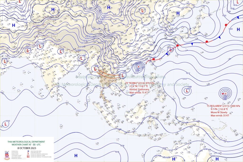 แผนที่อากาศผิวพื้น : ร่องมรสุมพาดผ่านภาคเหนือตอนล่าง ภาคกลาง และภาคตะวันออกเฉียงเหนือ ประกอบกับมีหย่อมความกดอากาศต่ำปกคลุมบริเวณด้านตะวันตกของประเทศ กับมีพายุโซนร้อนลูกใหม่ "BOLAREN" ในมหาสมุทรแปซิฟิก