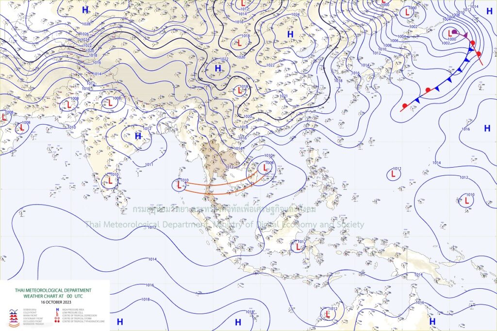 ร่องมรสุมพาดผ่านภาคใต้ตอนบนและภาคตะวันออก ในขณะที่หย่อมความกดอากาศต่ำกำลังแรงปกคลุมทะเลจีนใต้ตอนกลาง