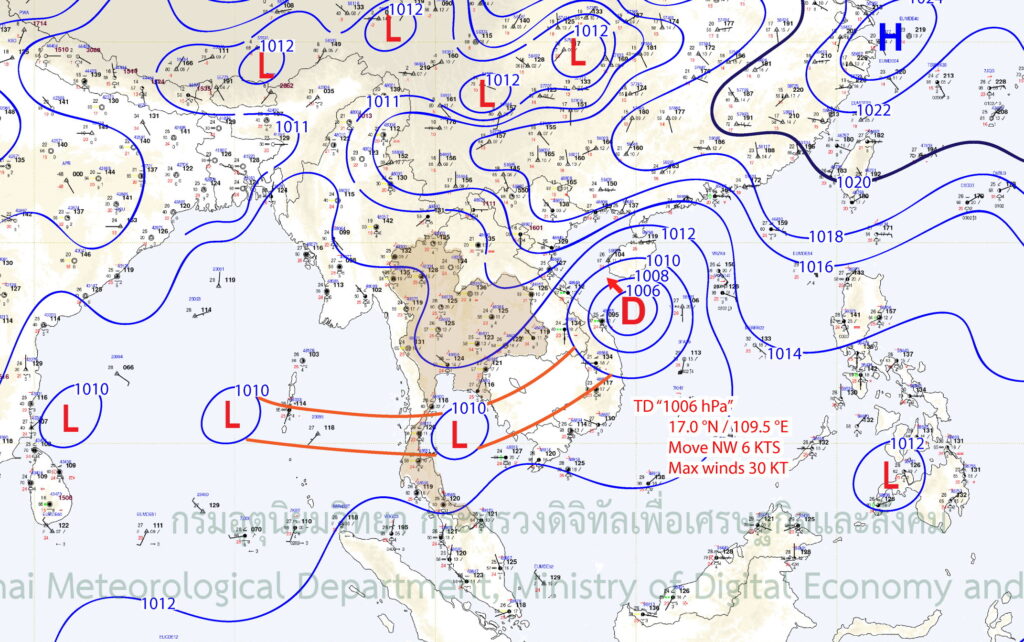 ร่องมรสุมพาดผ่านภาคใต้ตอนบน อ่าวไทย และภาคตะวันออก เข้าสู่พายุดีเปรสชันบริเวณทะเลจีนใต้ตอนกลาง ประกอบกับบริเวณความกดอากาศสูงหรือมวลอากาศเย็นปกคลุมภาคเหนือ ภาคกลาง และภาคตะวันออกเฉียงเหนือ