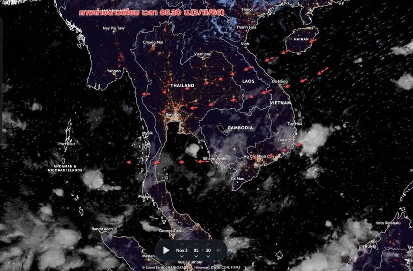 ภาพถ่ายดาวเทียม เช้าวันนี้ (3/11/66) : เมฆฝนบริเวณประเทศไทยมีน้อยลง มีเพียงบางส่วนปกคลุมภาคใต้ ภาคเหนือและอีสานตอนบน อากาศแห้ง
