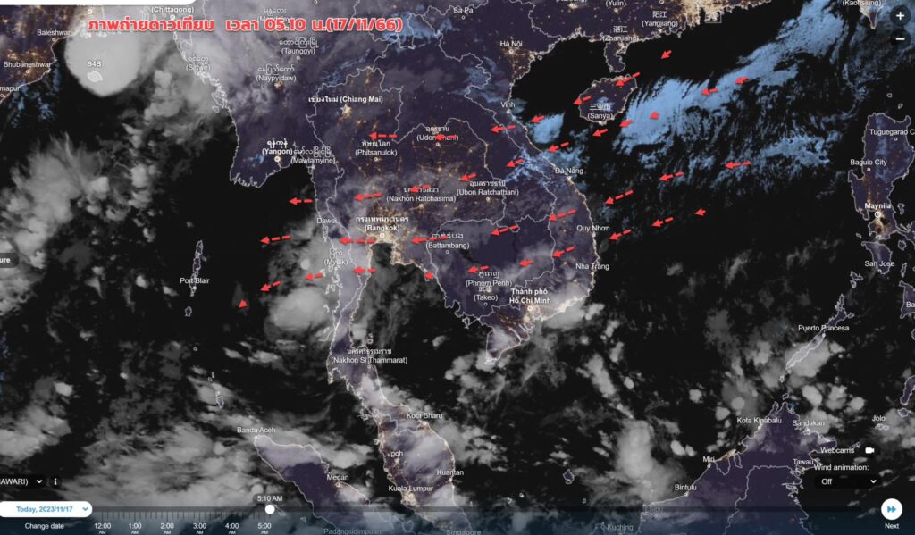 ภาพถ่ายดาวเทียมเช้าวันนี้ (17/11/66) : เมฆฝนยังปกคลุมบริเวณภาคใต้ ส่วนประเทศไทยตอนบน ท้องฟ้ายัง มีเมฆชั้นสูง ไม่มีเมฆฝน