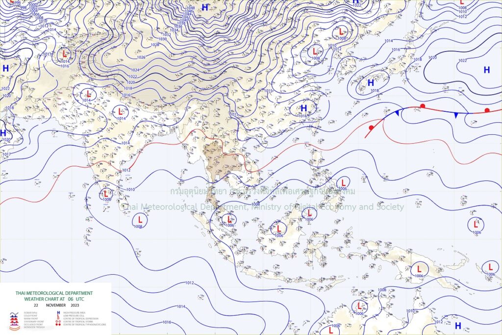 แผนที่อากาศผิวพื้น : บริเวณความกดอากาศสูงหรือมวลอากาศเย็นกำลังอ่อนปกคลุมประเทศไทย