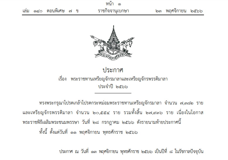 ราชกิจจาฯ 23 พ.ย. พระราชทานเหรียญจักรมาลา