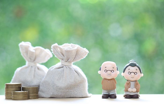 Mutual fund,Love couple senior and gold coin money in the bag on