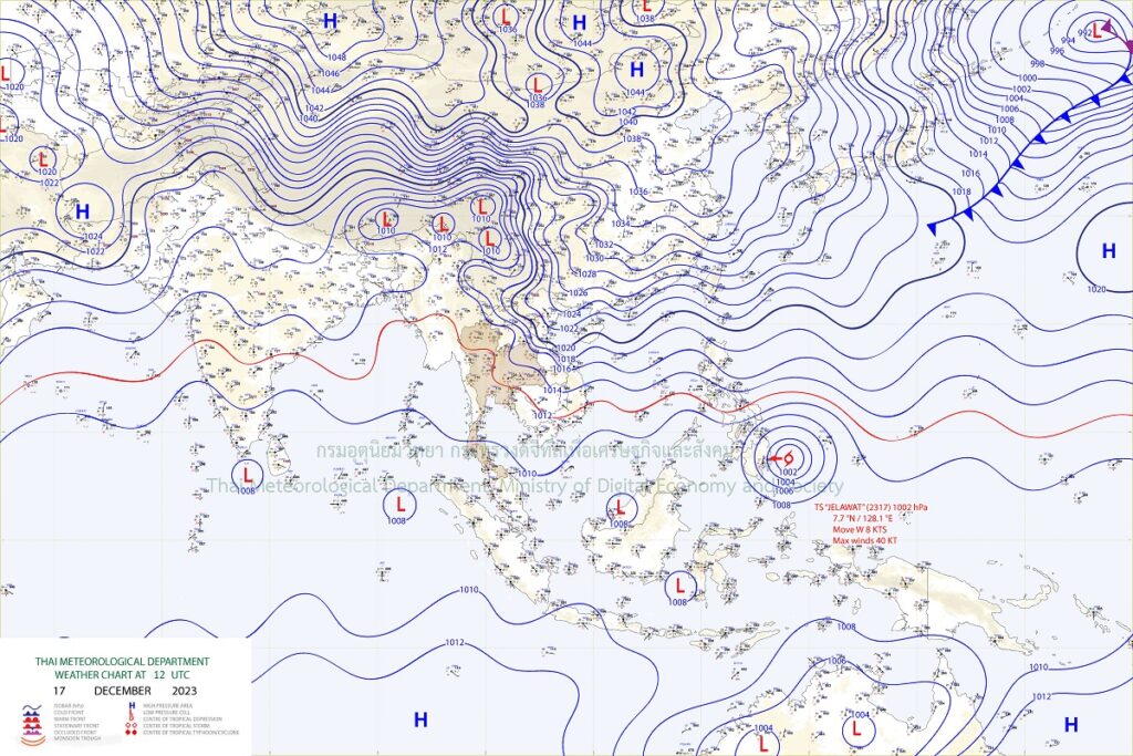 บริเวณความกดอากาศสูงหรือมวลอากาศเย็นกำลังค่อนข้างแรงอีกระลอกหนึ่งจากประเทศจีนได้แผ่ลงมาปกคลุมบริเวณปกคลุมประแทศไทยตอนบนและทะเลจีนใต้แล้ว ประกอบกับมีพายุโซนร้อน "เจอลาวัต" ปกคลุมบริเวณทางตะวันออกเฉียงใต้ของประเทศฟิลิปปินส์