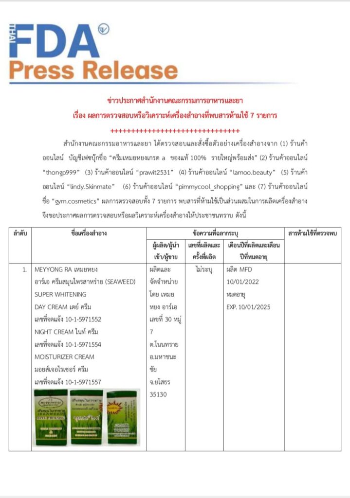 เครื่องสำอางมีสารต้องห้าม