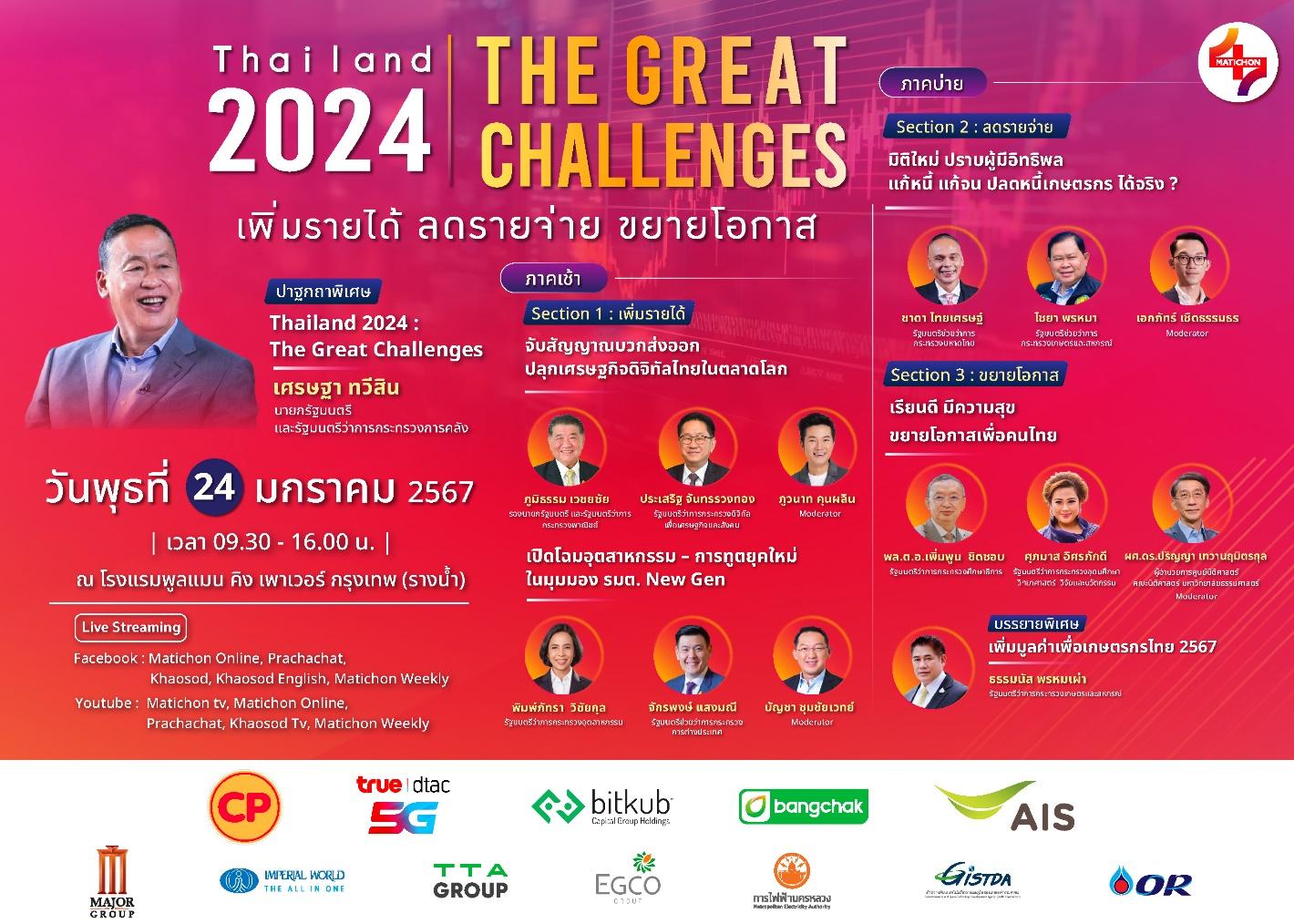 24 ม.ค. มติชนจัดสัมมนาใหญ่ ไทยแลนด์เกรทชาเลนจ์ ‘เศรษฐา’ ปาฐกถาพิเศษ 9 รมต.ร่วมเวทีสู้ท้าทาย