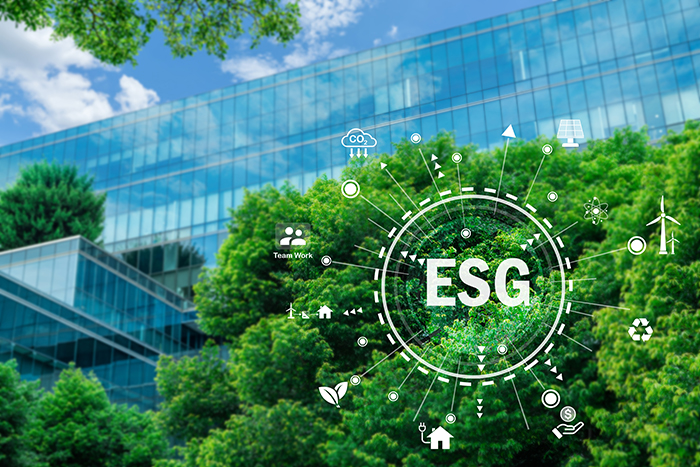 ESG concept. Eco-friendly building in modern city. Sustainable g