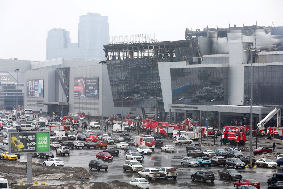 ครอคัส ซิตี้ฮอลล์ (Crocus City Hall) ในแคว้นมอสโก ประเทศรัสเซีย หลังเหตุโจมตี