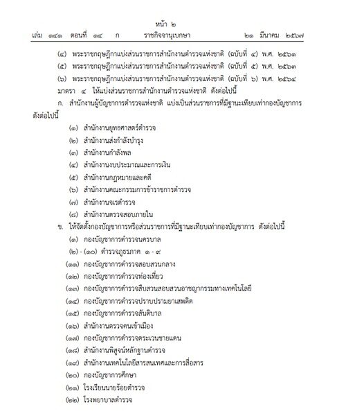 โปรดกล้าฯ แบ่งส่วนราชการสำนักงานตำรวจแห่งชาติ มีผลแล้ววันนี้
