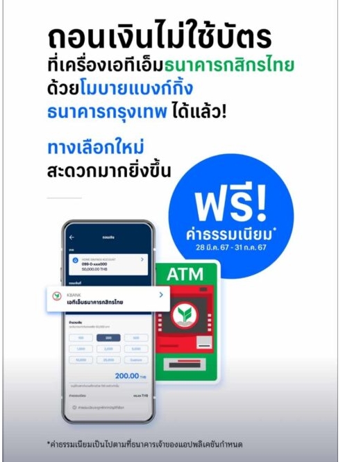 กดเงินไม่ใช้บัตรข้ามแบงก์ที่ตู้ ATM "กรุงเทพ-กสิกรไทย"