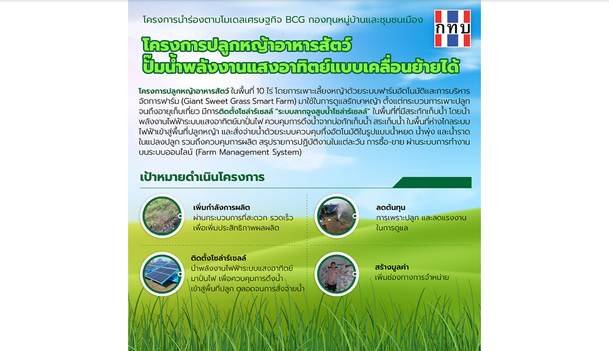 สทบ. สนับสนุนโครงการปลูกหญ้าอาหารสัตว์ ปั๊มน้ำพลังงานแสงอาทิตย์