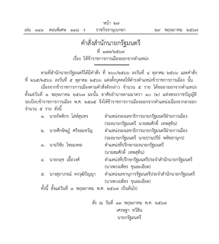 คำสั่งนายกฯ ให้ข้าราชการการเมืองออกจากตำแหน่ง จำนวน 5 ราย