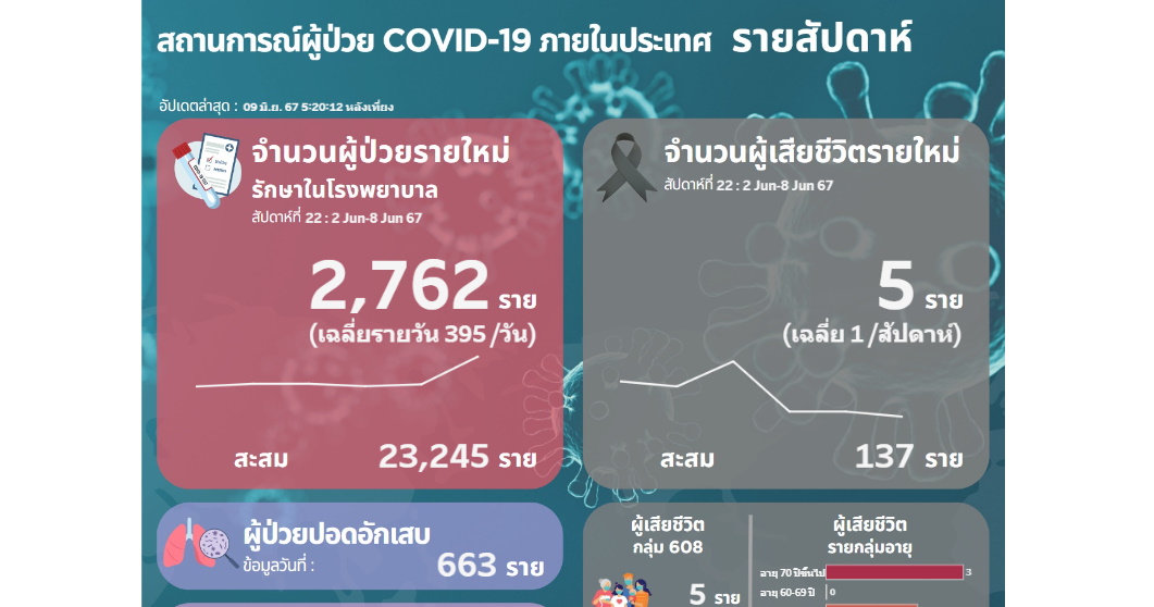 โควิดวันนี้ (10 มิ.ย. 67) สธ.พบป่วยใหม่เข้า รพ. พุ่งพรวด 2,762 คน