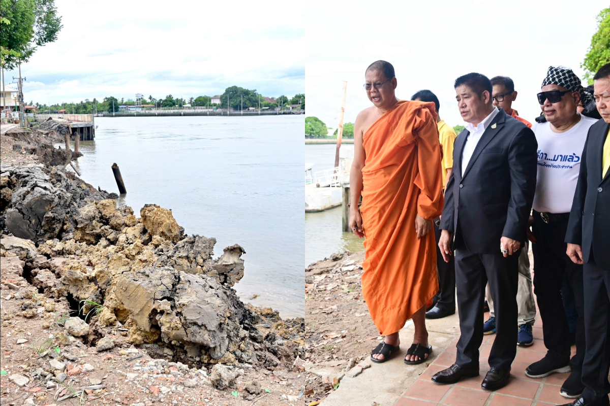 ตลิ่งวัดเชิงเลนทรุดตัว ธรรมนัส รมว.เกษตรฯ ลงพื้นที่ตรวจกำแพงคอนกรีต
