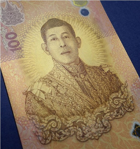 พระบรมสาทิสลักษณ์ ลายรัศมีเบื้องหลังพระบรมสาทิสลักษณ์ และลายหน้าครุฑประกอบลายช่อกระหนก พิมพ์ด้วยเส้นนูนสีน้ำตาลเข้ม จะรู้สึกสะดุดเมื่อสัมผัสด้วยปลายนิ้วมือ องค์ประกอบทั้งหมดนี้รวมทั้งลายพรรณพฤกษาสีเหลืองและสีแดงซึ่งอยู่บริเวณเบื้องซ้ายและเบื้องขวาของพระบรมสาทิสลักษณ์ พิมพ์ทับบนลายพื้นสีเหลือบทอง 