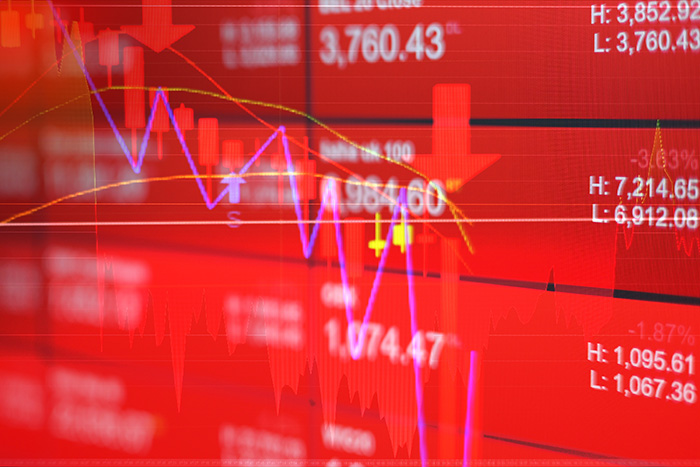 Red stock market price showing trader phobia of crisis war and inflation,trading graph analysis investment of financial board display bad economy and negative stock situation