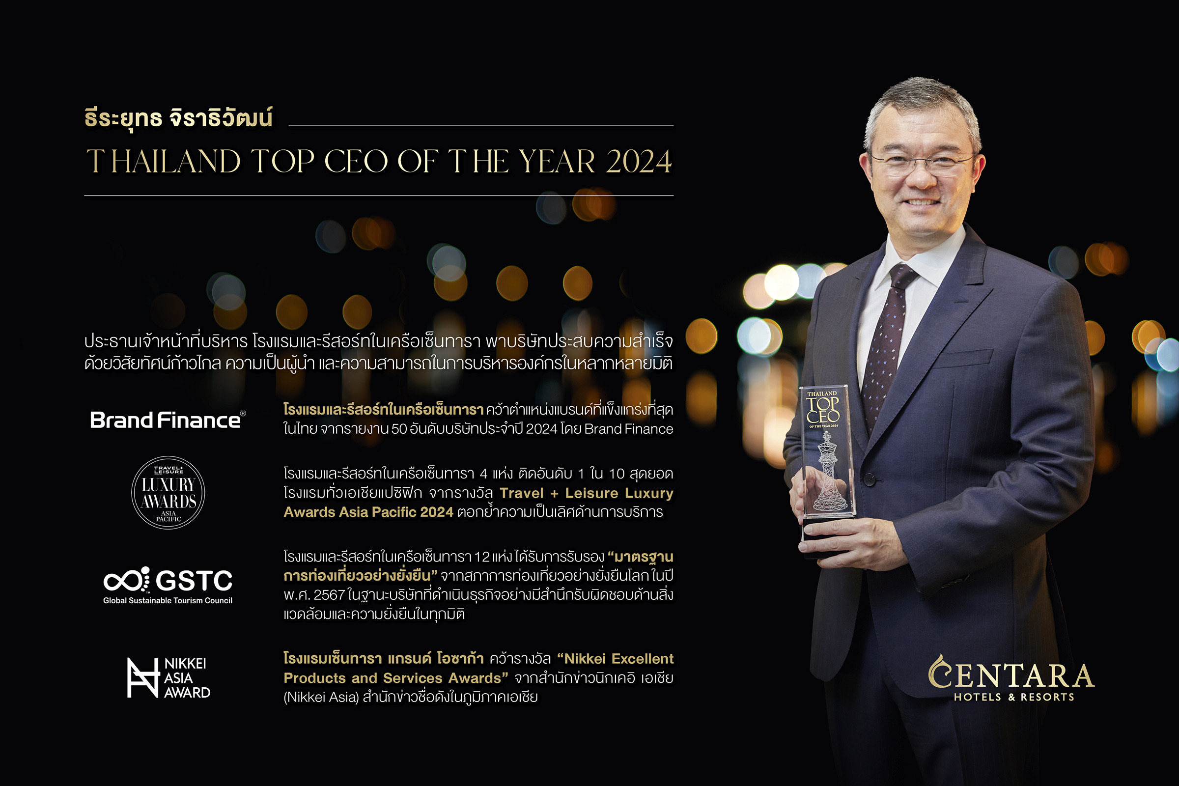 ธีระยุทธ จิราธิวัฒน์ ซีอีโอเซ็นทารา คว้ารางวัล “สุดยอดผู้นำองค์กรแห่งปี”