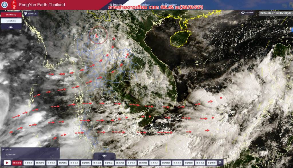 ภาพถ่ายดาวเทียมแสดงให้เห็นเมฆฝนยังคงปกคลุมประเทศไทย