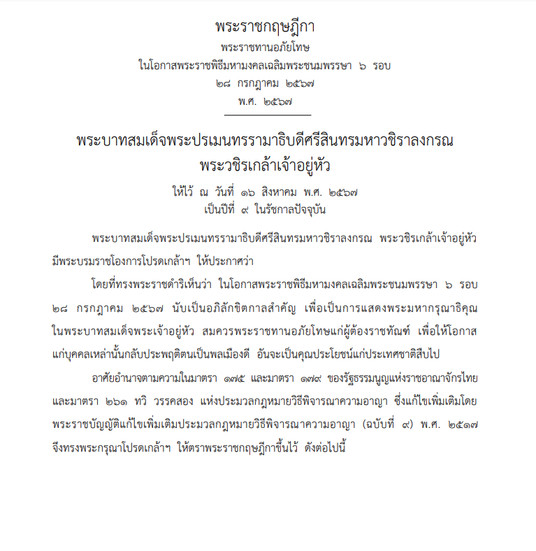 ราชกิจจาฯ เผยแพร่ พระราชกฤษฎีกา พระราชทานอภัยโทษ