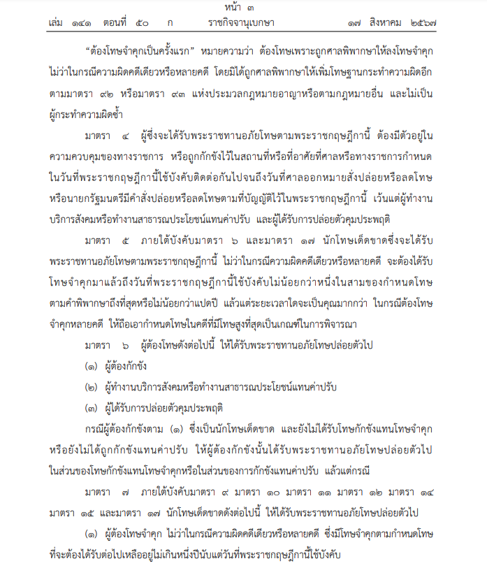 ราชกิจจาฯ เผยแพร่ พระราชกฤษฎีกา พระราชทานอภัยโทษ