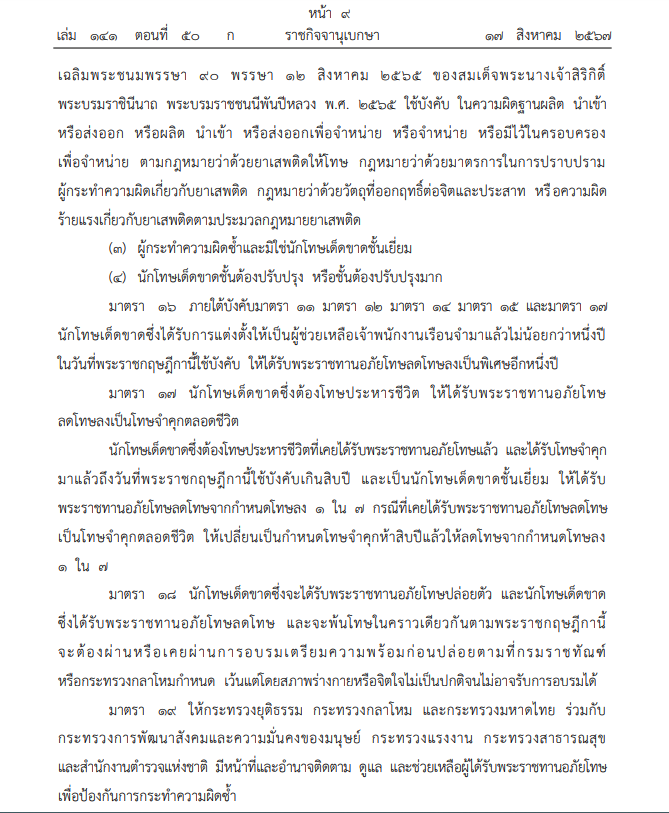 ราชกิจจาฯ เผยแพร่ พระราชกฤษฎีกา พระราชทานอภัยโทษ