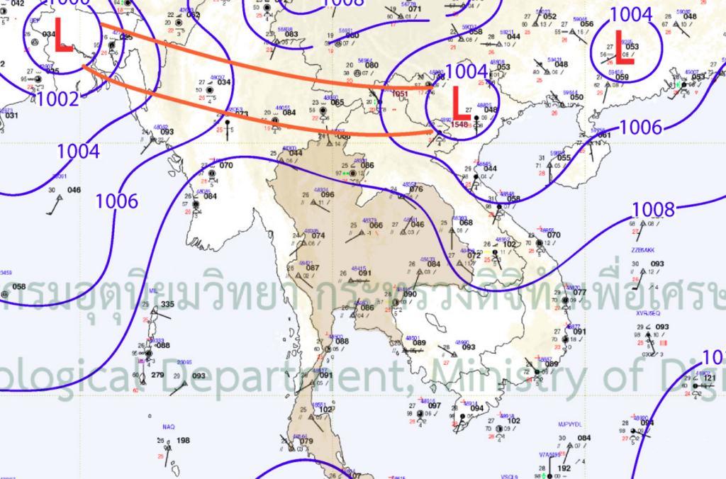 ร่องมรสุมพาดผ่านประเทศเมียนมา และประเทศลาวตอนบน เข้าสู่หย่อมความกดอากาศต่ำบริเวณประเทศเวียดนามตอนบน