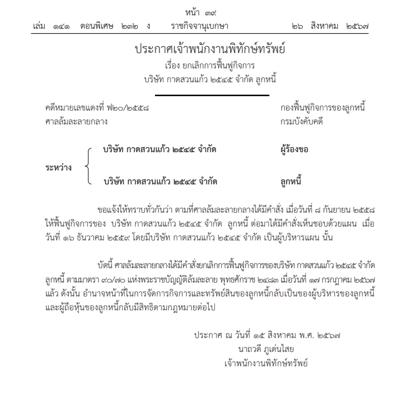 ศาลสั่งยกเลิกการฟื้นฟูกิจการ กาดสวนแก้ว 