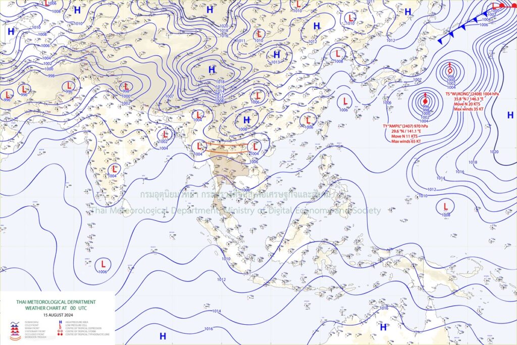 แผนที่อากาศผิวพื้น 15 สิงหาคม 2567