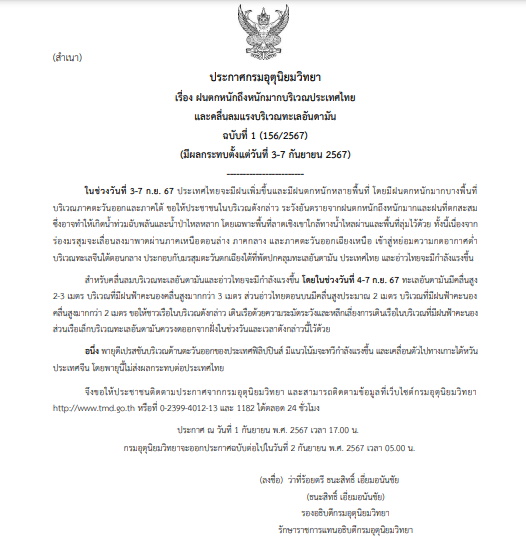 ประกาศเตือน ฉบับที่ 1 ฝนตกหนัก(1 ก.ย.67)