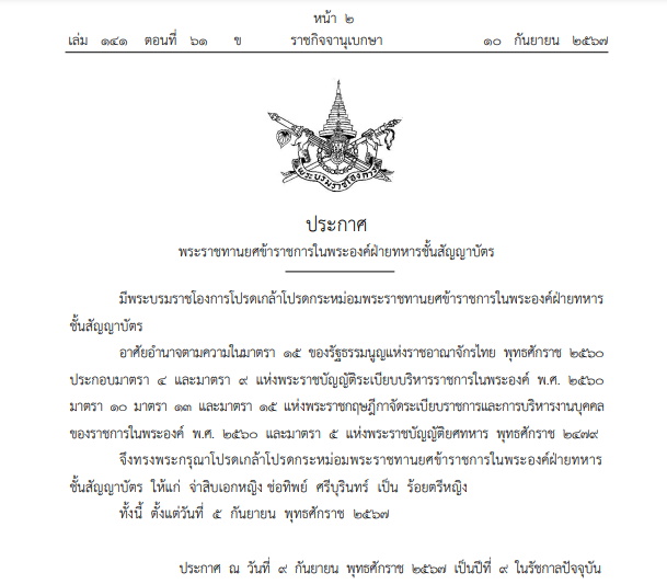 โปรดเกล้าฯ พระราชทานยศ ขรก.ในพระองค์ฝ่ายทหาร เป็นร้อยตรีหญิง 