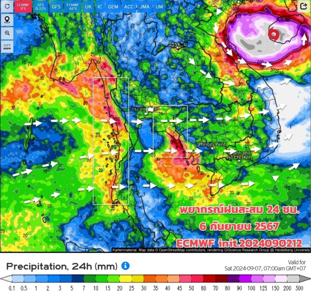 พยากรณ์ฝนสะสมวันที่ 6 กันยายน 2567 กับมีพายุยางิทางตอนบนของเวียดนาม