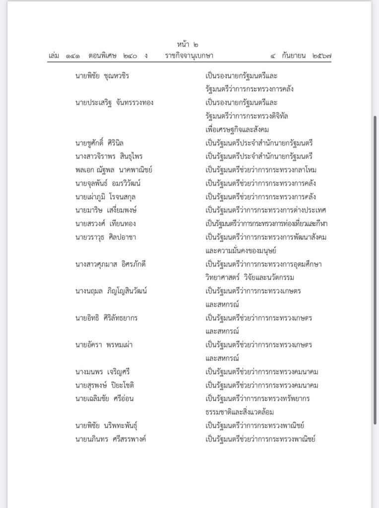 โปรดเกล้าฯ แต่งตั้ง 23 รัฐมนตรี ครม. แพทองธาร 1