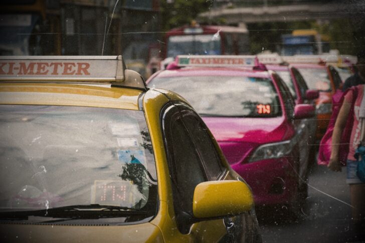 Taxi waiting for passengers in front of Chatuchak market in Bang