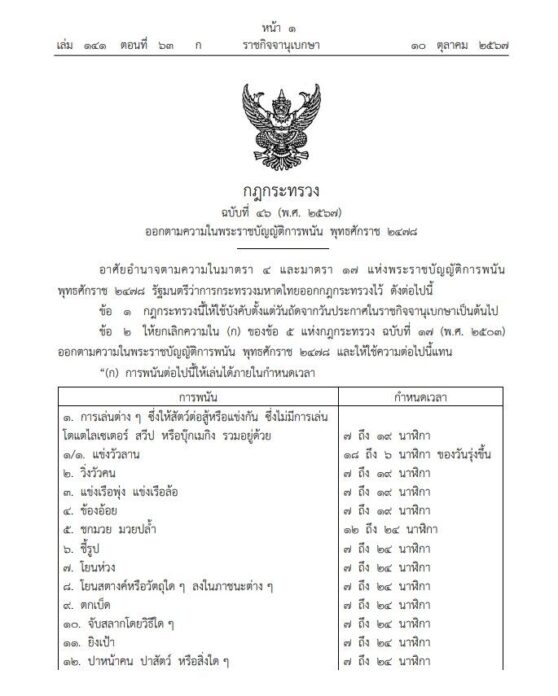 ราชกิจจาฯ เผยแพร่ กฎกระทรวงให้การพนัน 23 ชนิด เล่นได้ในกำหนดเวลา