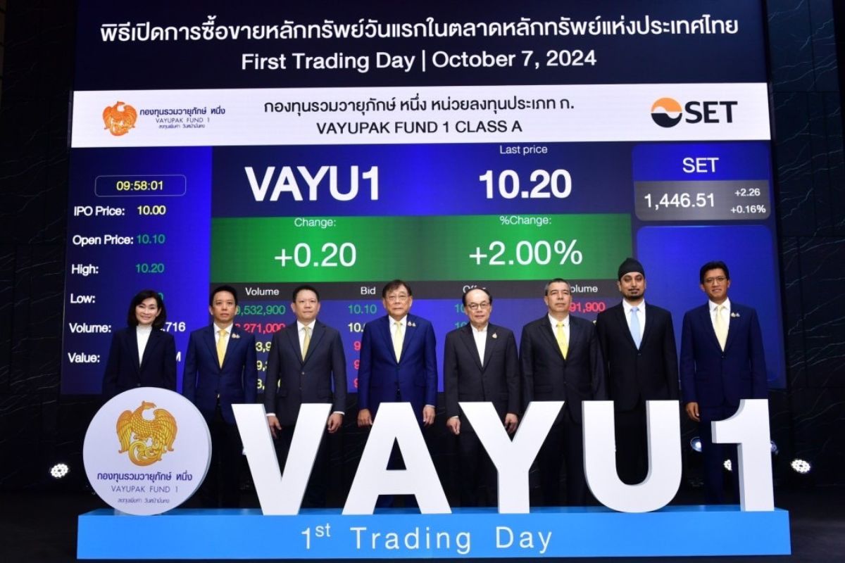 VAYU1 เข้าเทรดวันแรก ราคาเปิด 10.20 บาท/หน่วย สูงกว่า IPO 2%
