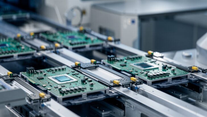 Circuit,Board,With,Advanced,Microchip,On,Assembly,Line.,Electronics,Manufacturing