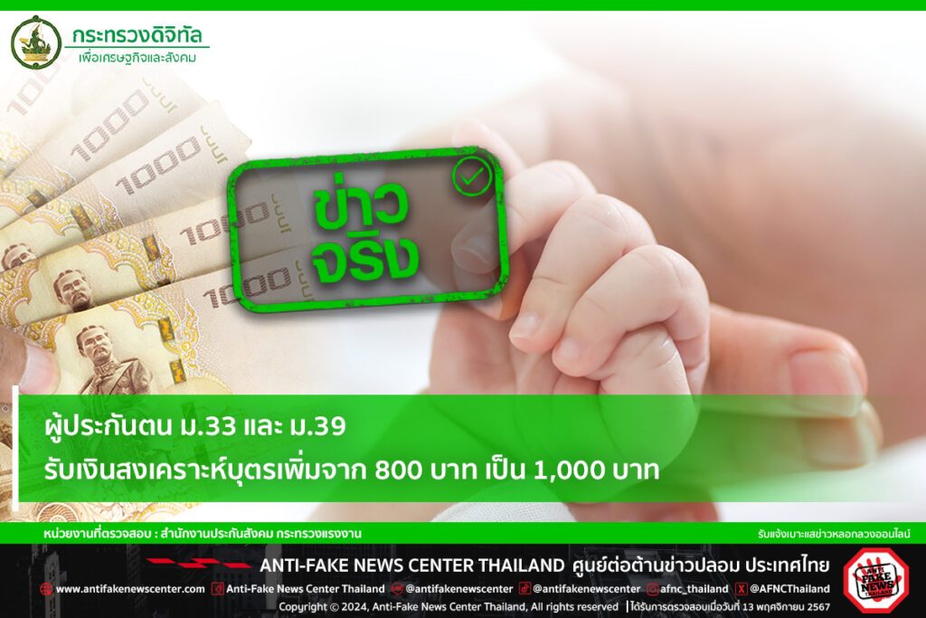 ผู้ประกันตน ม.33 และ ม.39 เตรียมรับเงินสงเคราะห์บุตรเพิ่ม มีผล 1 ม.ค. 2568