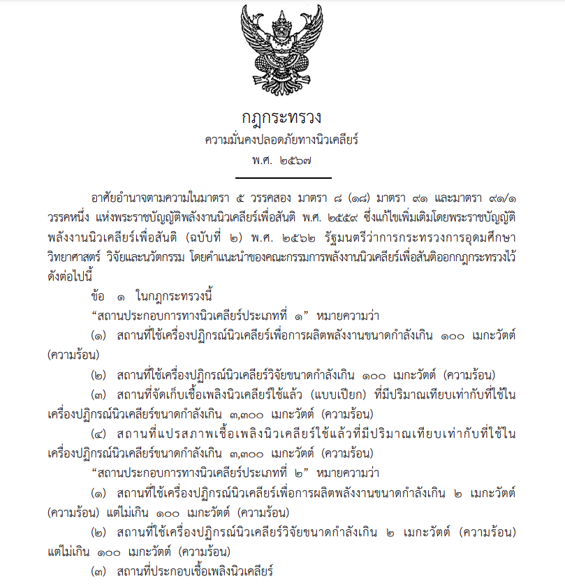 กฎกระทรวง ความมั่นคงปลอดภัยทางนิวเคลียร์ 2567 