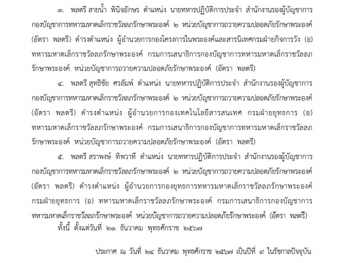 โปรดเกล้าฯ แต่งตั้งข้าราชการในพระองค์ฝ่ายทหารชั้นนายพล