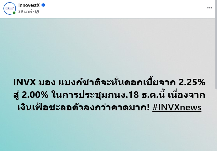 อินโนเวสท์ เอกซ์ คาด กนง. หั่นดอกเบี้ย 0.25% ประชุม 18 ธ.ค.นี้