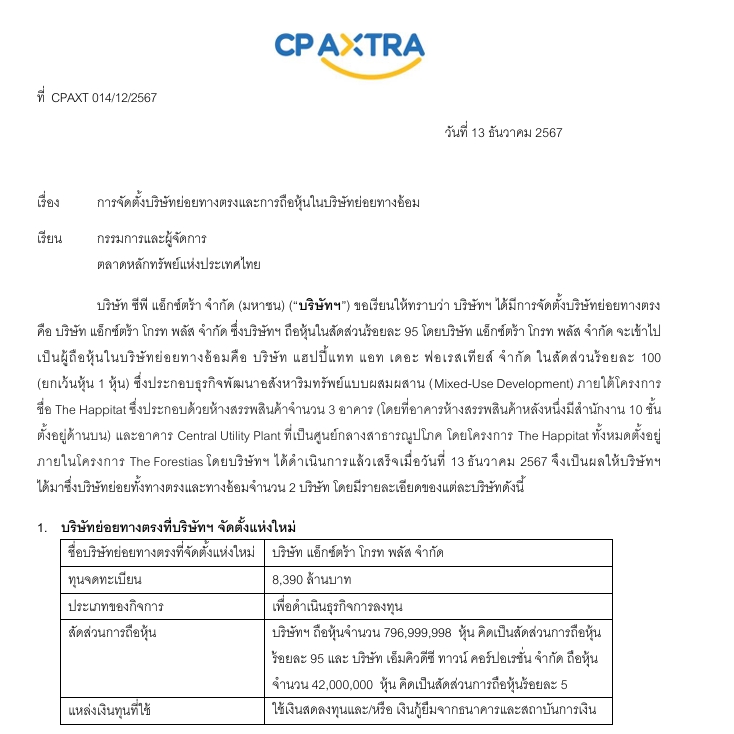CPAXT ตั้งบริษัทลูกใหม่รุก "ธุรกิจการลงทุน" ทุนจดทะเบียน 8,390 ล้าน