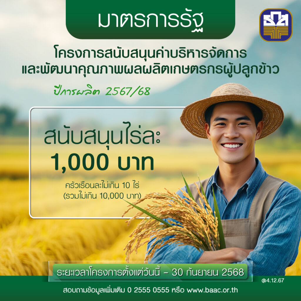 เงินไร่ละ 1,000 บาท ล่าสุด ธ.ก.ส. แจง 5 ขั้นตอนเช็กสถานะ