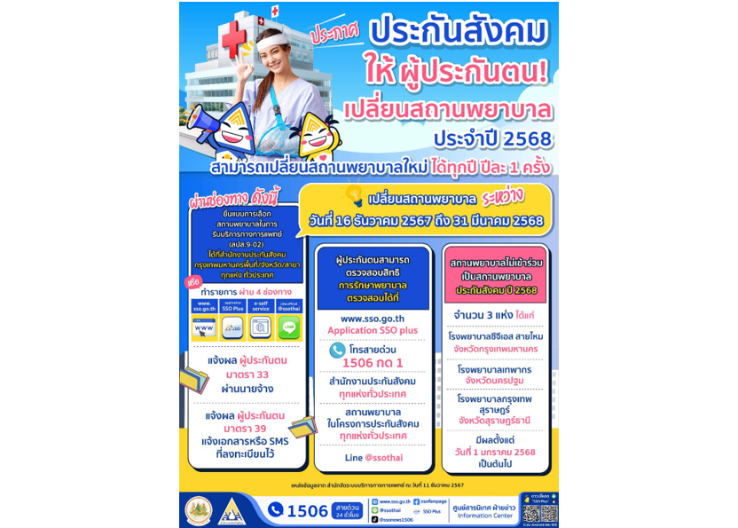 ประกันสังคม เปิดโอกาสให้ผู้ประกันตนเปลี่ยน รพ. ปี 68 ผ่าน 4 ช่องทาง เริ่ม 16 ธ.ค.67 นี้