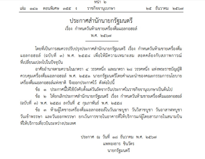 ประกาศวันห้ามขายแอลกอออล์ 2567