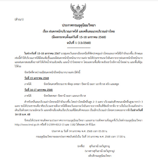 01-เตือนฝนตกหนักภาคใต้15-18 ม.ค.68