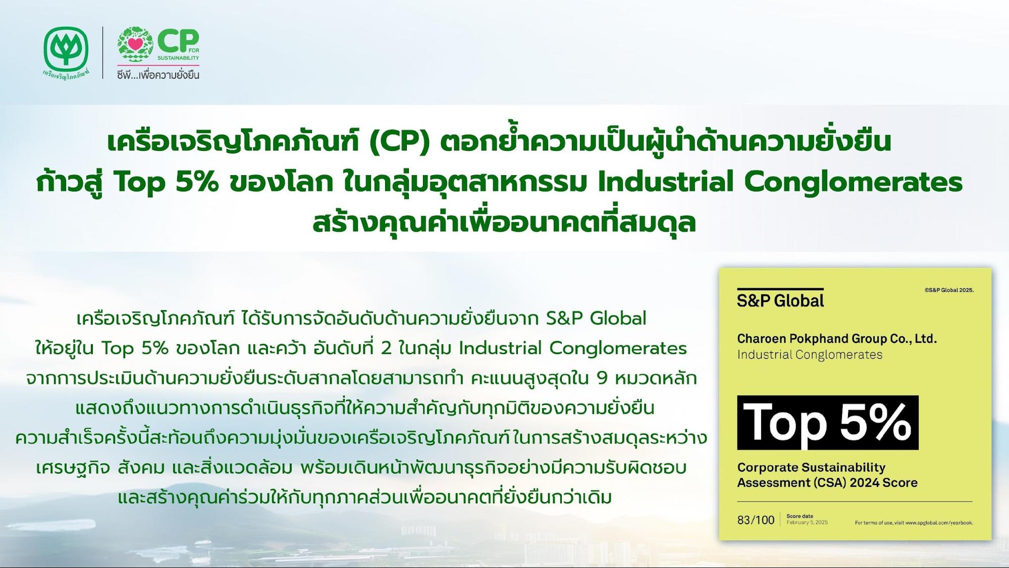S&P Global ยกย่อง เครือซีพี คว้าคะแนนสูงสุด 9 หมวดความยั่งยืน ติด Yearbook 2025